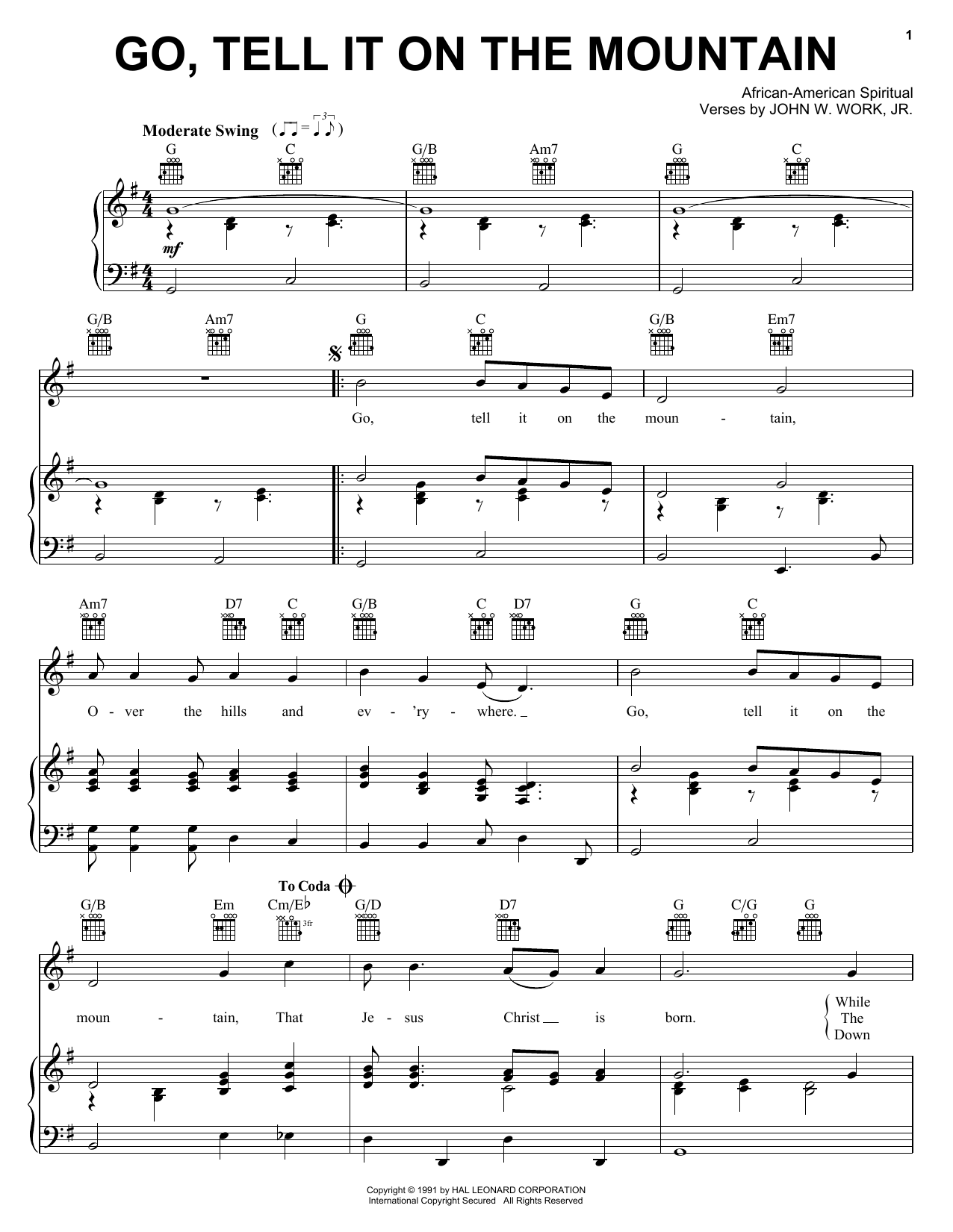 Preview African-American Spiritual Go, Tell It On The Mountain Religious sheet music, notes and chords for Piano, Vocal & Guitar (Right-Hand Melody), SKU: 51756 sheet music, piano notes, chords, guitar tabs, score, transpose, transcribe, how to play, guide, download, learn, tutorial, progression, song, artist, awards, billboard, mtv, vh1, tour, single, album, release
