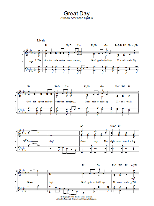 Preview African-American Spiritual Great Day Religious sheet music, notes and chords for Piano & Vocal, SKU: 27568 Download African-American Spiritual Great Day sheet music and printable PDF score & Religious music notes