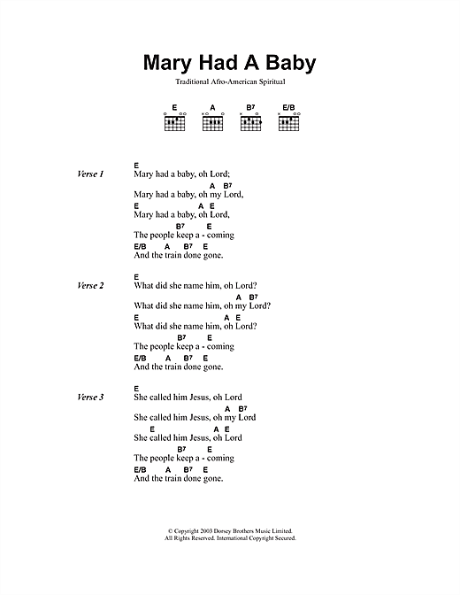 Preview African-American Spiritual Mary Had A Baby Religious sheet music, notes and chords for Piano, Vocal & Guitar (Right-Hand Melody), SKU: 51744 Download African-American Spiritual Mary Had A Baby sheet music and printable PDF score & Religious music notes