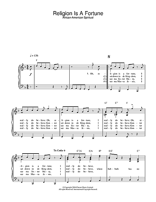 Preview African-American Spiritual Religion Is A Fortune Religious sheet music, notes and chords for Piano & Vocal, SKU: 28045 sheet music, piano notes, chords, guitar tabs, score, transpose, transcribe, how to play, guide, download, learn, tutorial, progression, song, artist, awards, billboard, mtv, vh1, tour, single, album, release