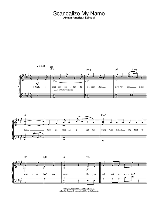 Preview African-American Spiritual Scandalize My Name Religious sheet music, notes and chords for Piano & Vocal, SKU: 28046 sheet music, piano notes, chords, guitar tabs, score, transpose, transcribe, how to play, guide, download, learn, tutorial, progression, song, artist, awards, billboard, mtv, vh1, tour, single, album, release
