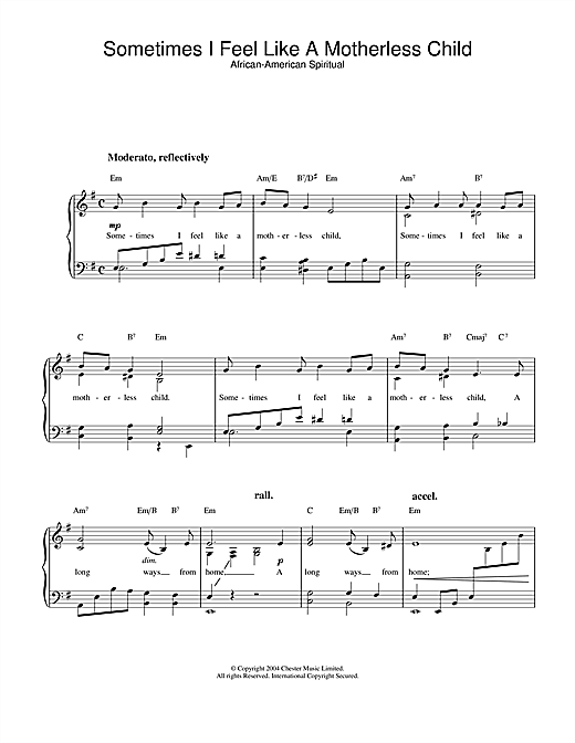 Preview African-American Spiritual Sometimes I Feel Like A Motherless Child Religious sheet music, notes and chords for Piano, Vocal & Guitar (Right-Hand Melody), SKU: 51745 Download African-American Spiritual Sometimes I Feel Like A Motherless Child sheet music and printable PDF score & Religious music notes