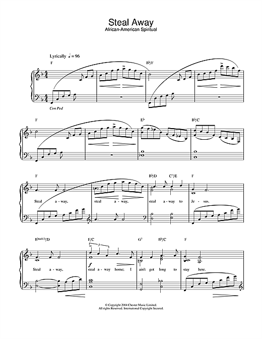 Preview African-American Spiritual Steal Away Hymn sheet music, notes and chords for Piano, Vocal & Guitar (Right-Hand Melody), SKU: 51735 Download African-American Spiritual Steal Away sheet music and printable PDF score & Hymn music notes