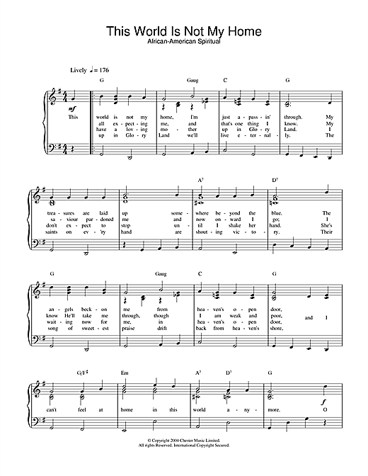 Preview African-American Spiritual This World Is Not My Home Religious sheet music, notes and chords for Piano & Vocal, SKU: 28049 sheet music, piano notes, chords, guitar tabs, score, transpose, transcribe, how to play, guide, download, learn, tutorial, progression, song, artist, awards, billboard, mtv, vh1, tour, single, album, release