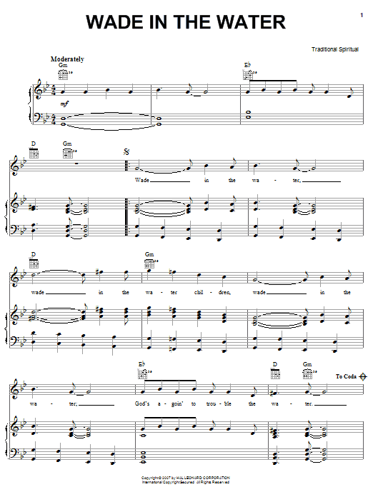 Preview African-American Spiritual Wade In The Water Folk sheet music, notes and chords for Piano, Vocal & Guitar (Right-Hand Melody), SKU: 58861 sheet music, piano notes, chords, guitar tabs, score, transpose, transcribe, how to play, guide, download, learn, tutorial, progression, song, artist, awards, billboard, mtv, vh1, tour, single, album, release