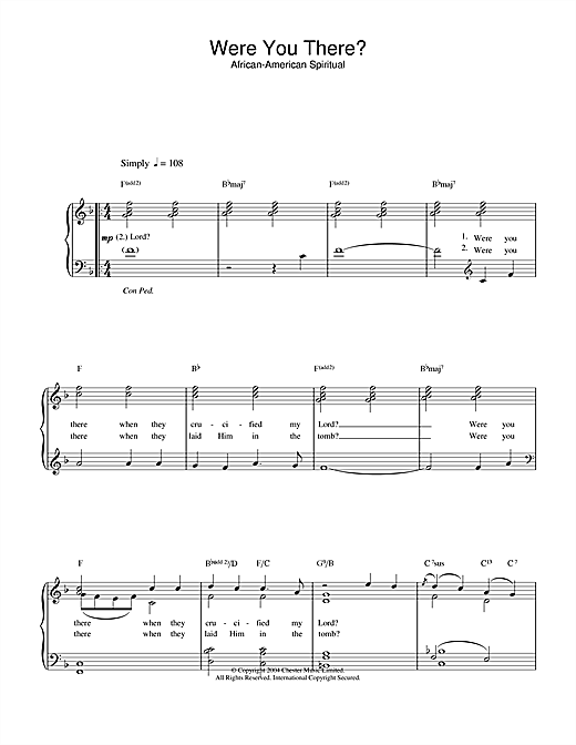Preview African-American Spiritual Were You There? Religious sheet music, notes and chords for Piano & Vocal, SKU: 28959 Download African-American Spiritual Were You There? sheet music and printable PDF score & Religious music notes