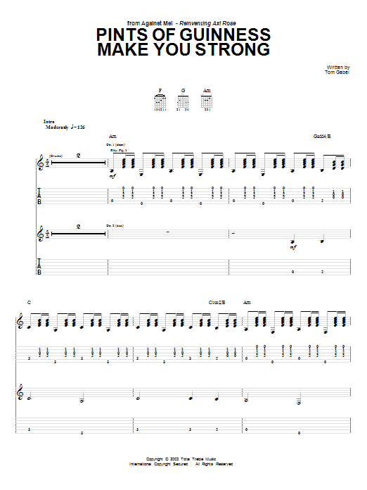 Preview Against Me! Pints Of Guinness Makes You Strong Pop sheet music, notes and chords for Guitar Tab, SKU: 69514 Download Against Me! Pints Of Guinness Makes You Strong sheet music and printable PDF score & Pop music notes