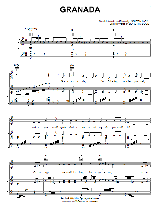 Preview Agustin Lara Granada World sheet music, notes and chords for Piano, Vocal & Guitar (Right-Hand Melody), SKU: 16548 sheet music, piano notes, chords, guitar tabs, score, transpose, transcribe, how to play, guide, download, learn, tutorial, progression, song, artist, awards, billboard, mtv, vh1, tour, single, album, release