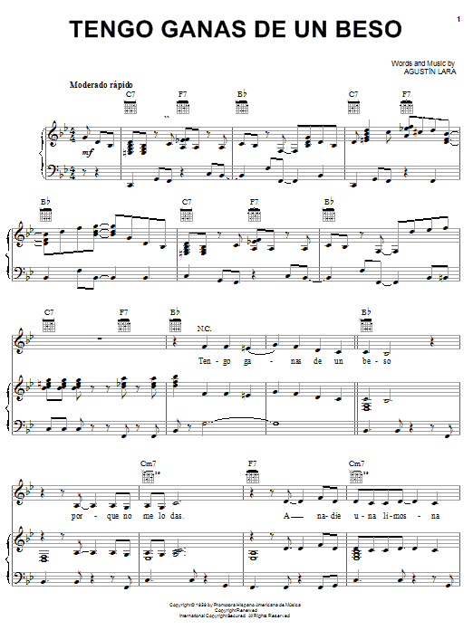 Preview Agustin Lara Tengo Ganas De Un Beso Pop sheet music, notes and chords for Piano, Vocal & Guitar (Right-Hand Melody), SKU: 24021 sheet music, piano notes, chords, guitar tabs, score, transpose, transcribe, how to play, guide, download, learn, tutorial, progression, song, artist, awards, billboard, mtv, vh1, tour, single, album, release