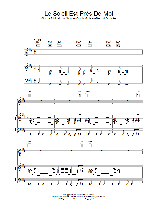 Preview Air Le Soleil Est Près De Moi Pop sheet music, notes and chords for Piano, Vocal & Guitar, SKU: 17860 Download Air Le Soleil Est Près De Moi sheet music and printable PDF score & Pop music notes
