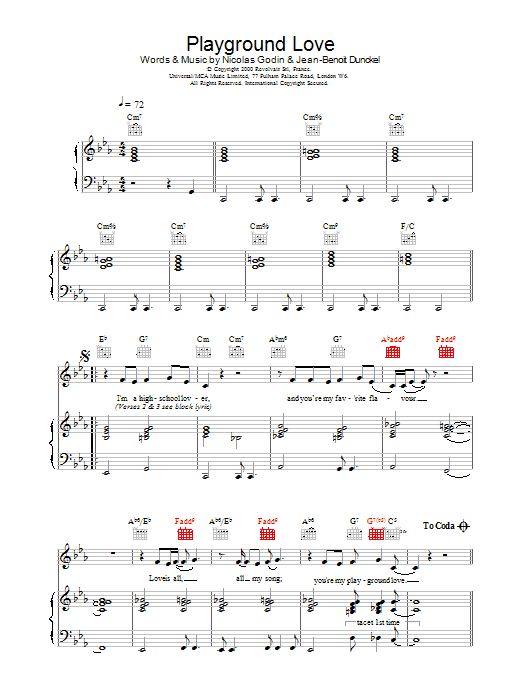 Preview Air Playground Love (from The Virgin Suicides) Film and TV sheet music, notes and chords for Piano, Vocal & Guitar, SKU: 18006 Download Air Playground Love (from The Virgin Suicides) sheet music and printable PDF score & Film and TV music notes
