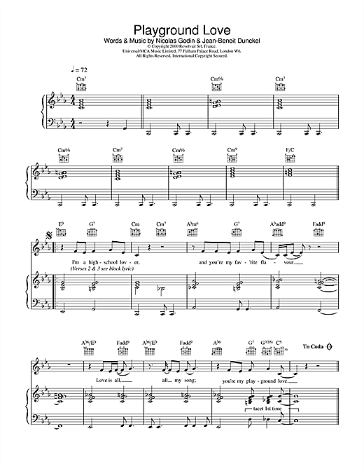 Preview Air Playground Love (from The Virgin Suicides) Film and TV sheet music, notes and chords for Piano, Vocal & Guitar, SKU: 18006 sheet music, piano notes, chords, guitar tabs, score, transpose, transcribe, how to play, guide, download, learn, tutorial, progression, song, artist, awards, billboard, mtv, vh1, tour, single, album, release