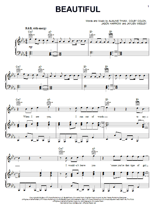 Preview Akon Beautiful (feat. Colby O'Donis & Kardinal Offishall) Pop sheet music, notes and chords for Piano, Vocal & Guitar (Right-Hand Melody), SKU: 69382 Download Akon Beautiful (feat. Colby O'Donis & Kardinal Offishall) sheet music and printable PDF score & Pop music notes