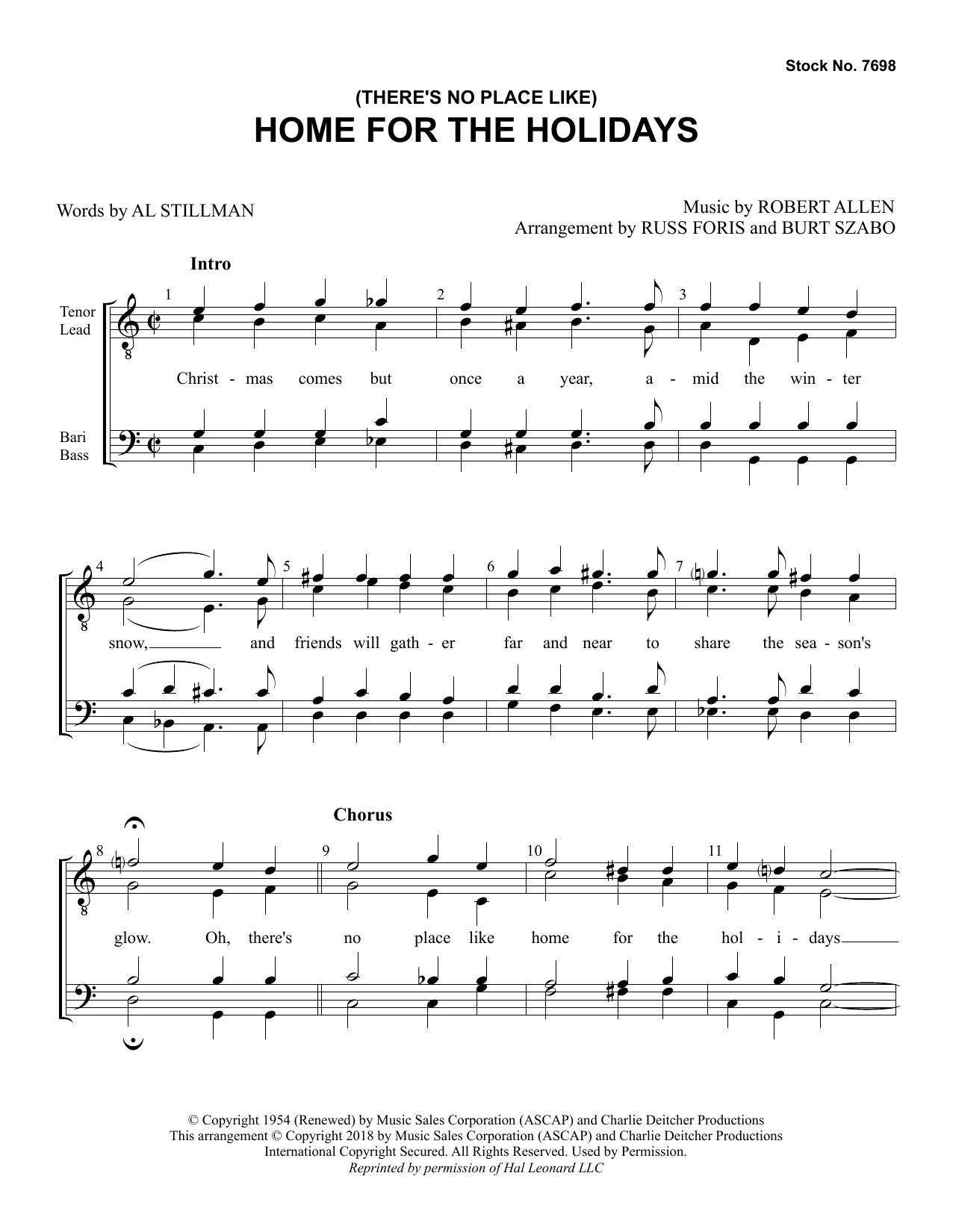 Al Stillman & Robert Allen (There's No Place Like) Home for the Holidays (arr. Russ Foris & Burt Szabo) Sheet Music & Chords for SSAA Choir - Download or Print PDF