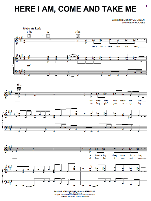 Preview Al Green Here I Am, Come And Take Me Pop sheet music, notes and chords for Piano, Vocal & Guitar (Right-Hand Melody), SKU: 21280 sheet music, piano notes, chords, guitar tabs, score, transpose, transcribe, how to play, guide, download, learn, tutorial, progression, song, artist, awards, billboard, mtv, vh1, tour, single, album, release