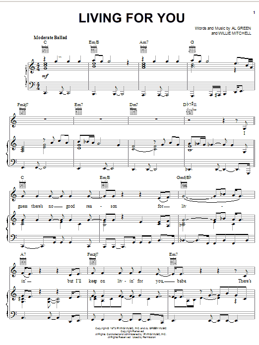 Preview Al Green Living For You Soul sheet music, notes and chords for Piano, Vocal & Guitar (Right-Hand Melody), SKU: 21281 sheet music, piano notes, chords, guitar tabs, score, transpose, transcribe, how to play, guide, download, learn, tutorial, progression, song, artist, awards, billboard, mtv, vh1, tour, single, album, release