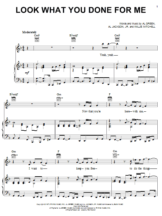 Preview Al Green Look What You Done For Me Soul sheet music, notes and chords for Piano, Vocal & Guitar (Right-Hand Melody), SKU: 21282 sheet music, piano notes, chords, guitar tabs, score, transpose, transcribe, how to play, guide, download, learn, tutorial, progression, song, artist, awards, billboard, mtv, vh1, tour, single, album, release