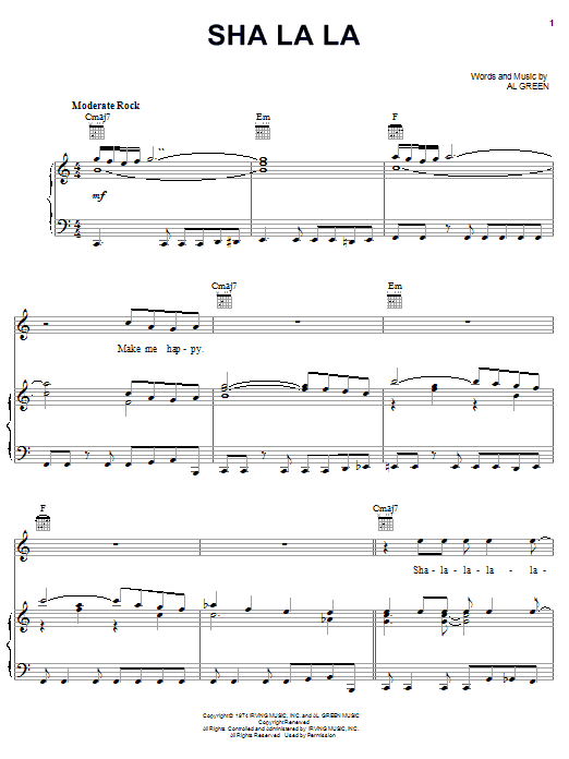 Preview Al Green Sha La La Soul sheet music, notes and chords for Piano, Vocal & Guitar (Right-Hand Melody), SKU: 21284 Download Al Green Sha La La sheet music and printable PDF score & Soul music notes