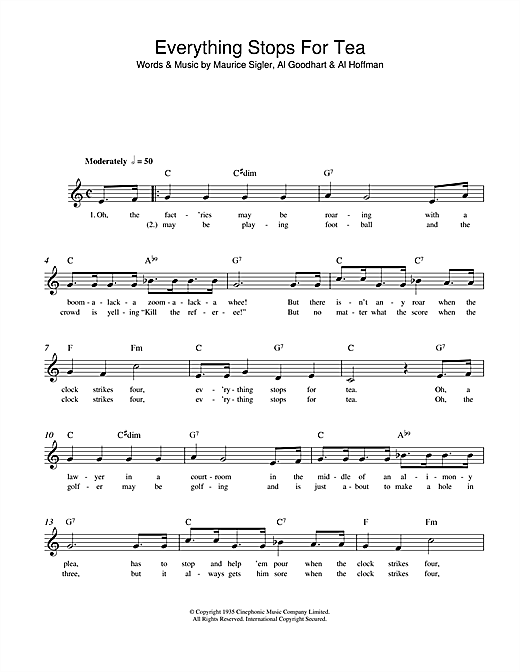 Preview Al Hoffman Everything Stops For Tea Traditional sheet music, notes and chords for Melody Line, Lyrics & Chords, SKU: 108451 sheet music, piano notes, chords, guitar tabs, score, transpose, transcribe, how to play, guide, download, learn, tutorial, progression, song, artist, awards, billboard, mtv, vh1, tour, single, album, release