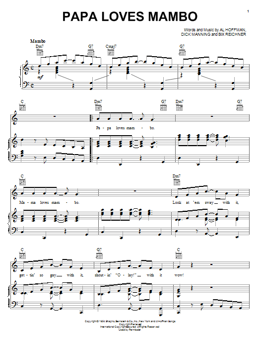 Preview Al Hoffman Papa Loves Mambo Pop sheet music, notes and chords for Piano, Vocal & Guitar (Right-Hand Melody), SKU: 16419 sheet music, piano notes, chords, guitar tabs, score, transpose, transcribe, how to play, guide, download, learn, tutorial, progression, song, artist, awards, billboard, mtv, vh1, tour, single, album, release