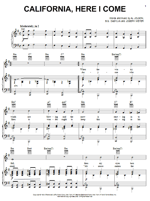 Preview Al Jolson California, Here I Come Pop sheet music, notes and chords for Piano, Vocal & Guitar (Right-Hand Melody), SKU: 18030 sheet music, piano notes, chords, guitar tabs, score, transpose, transcribe, how to play, guide, download, learn, tutorial, progression, song, artist, awards, billboard, mtv, vh1, tour, single, album, release