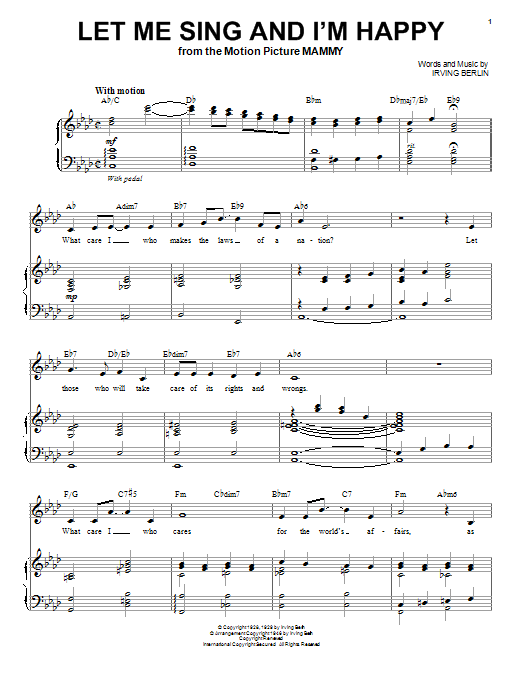 Preview Al Jolson Let Me Sing And I'm Happy Easy Listening sheet music, notes and chords for Piano, Vocal & Guitar (Right-Hand Melody), SKU: 47631 Download Al Jolson Let Me Sing And I'm Happy sheet music and printable PDF score & Easy Listening music notes