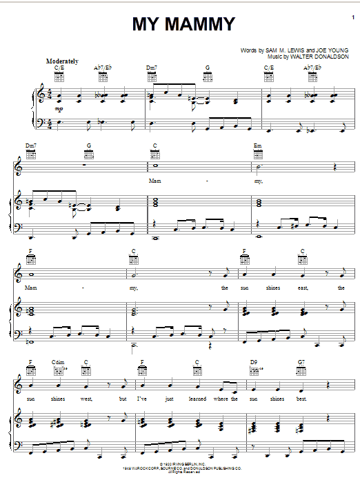 Preview Al Jolson My Mammy (from The Jazz Singer) Film and TV sheet music, notes and chords for Piano, Vocal & Guitar (Right-Hand Melody), SKU: 51291 sheet music, piano notes, chords, guitar tabs, score, transpose, transcribe, how to play, guide, download, learn, tutorial, progression, song, artist, awards, billboard, mtv, vh1, tour, single, album, release