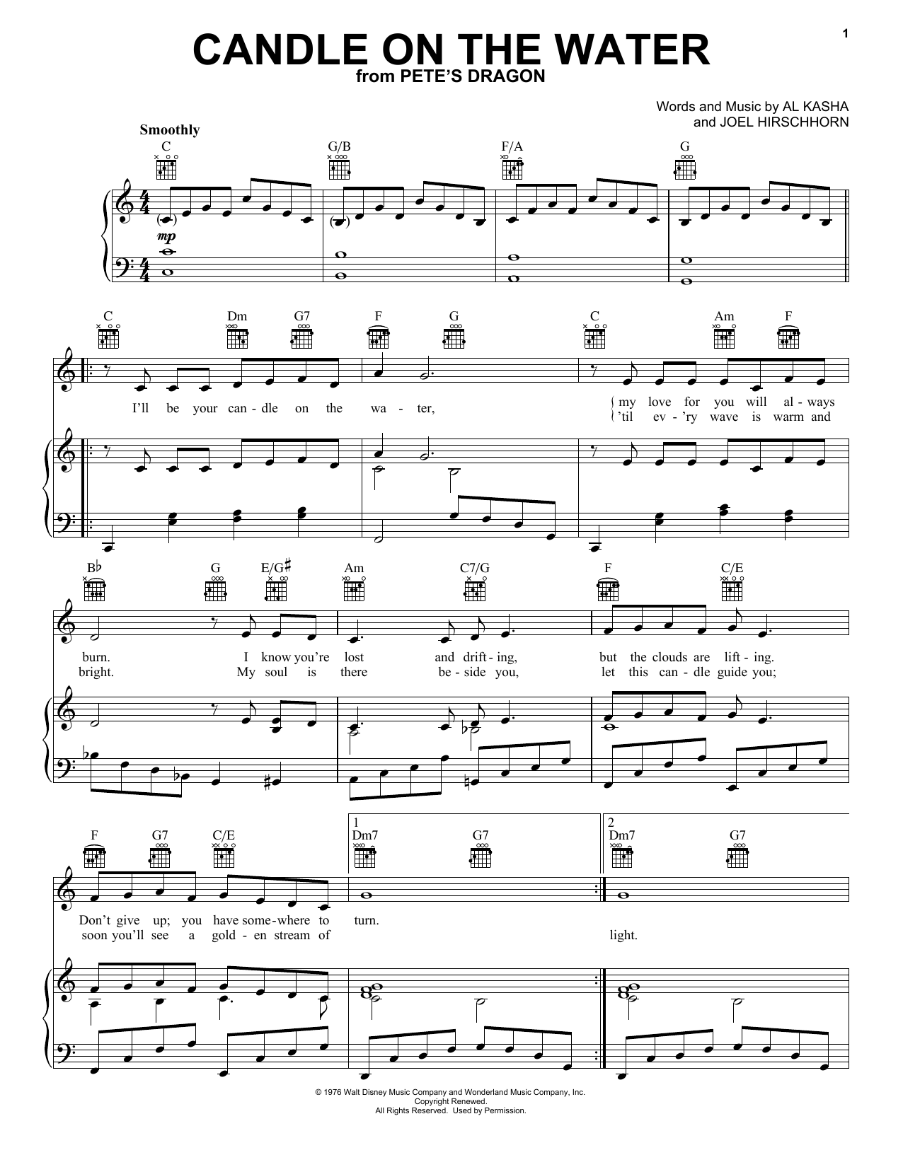 Preview Kasha & Hirschhorn Candle On The Water (from Walt Disney's Pete's Dragon) Children sheet music, notes and chords for Piano, SKU: 15878 sheet music, piano notes, chords, guitar tabs, score, transpose, transcribe, how to play, guide, download, learn, tutorial, progression, song, artist, awards, billboard, mtv, vh1, tour, single, album, release