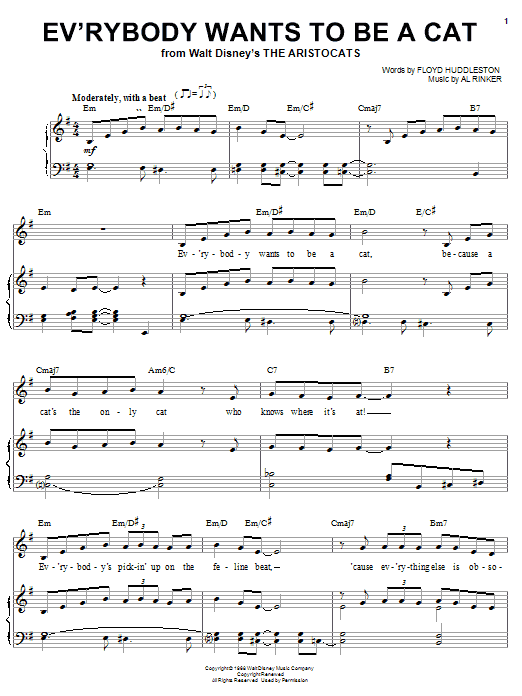 Preview Al Rinker Ev'rybody Wants To Be A Cat (from Walt Disney's The Aristocats) Children sheet music, notes and chords for Piano, Vocal & Guitar (Right-Hand Melody), SKU: 21342 sheet music, piano notes, chords, guitar tabs, score, transpose, transcribe, how to play, guide, download, learn, tutorial, progression, song, artist, awards, billboard, mtv, vh1, tour, single, album, release