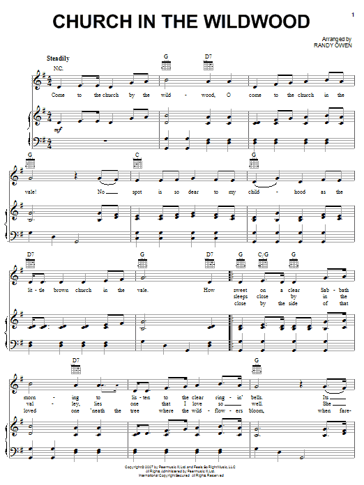 Preview Alabama Church In The Wildwood Country sheet music, notes and chords for Piano, Vocal & Guitar (Right-Hand Melody), SKU: 62352 sheet music, piano notes, chords, guitar tabs, score, transpose, transcribe, how to play, guide, download, learn, tutorial, progression, song, artist, awards, billboard, mtv, vh1, tour, single, album, release