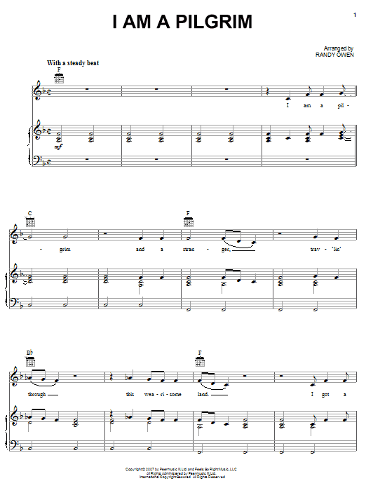 Preview Alabama I Am A Pilgrim Country sheet music, notes and chords for Piano, Vocal & Guitar (Right-Hand Melody), SKU: 62330 sheet music, piano notes, chords, guitar tabs, score, transpose, transcribe, how to play, guide, download, learn, tutorial, progression, song, artist, awards, billboard, mtv, vh1, tour, single, album, release