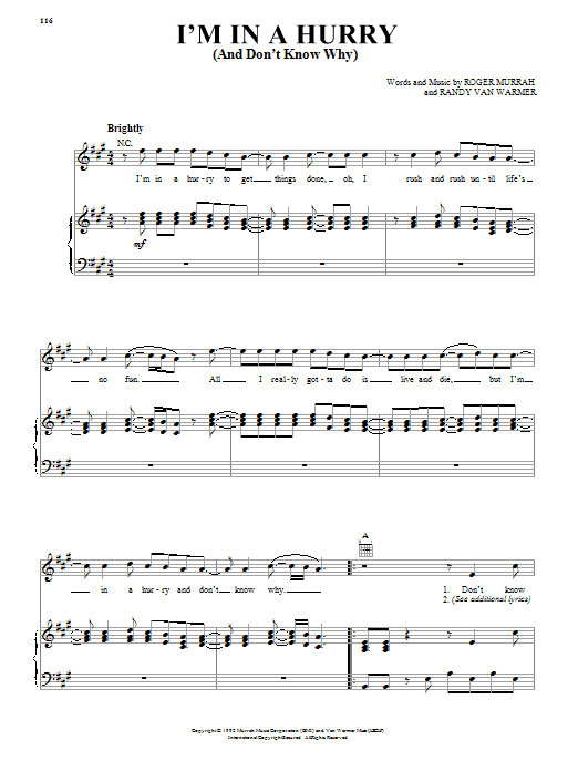 Preview Alabama I'm In A Hurry (And Don't Know Why) Pop sheet music, notes and chords for Piano, Vocal & Guitar (Right-Hand Melody), SKU: 55665 Download Alabama I'm In A Hurry (And Don't Know Why) sheet music and printable PDF score & Pop music notes