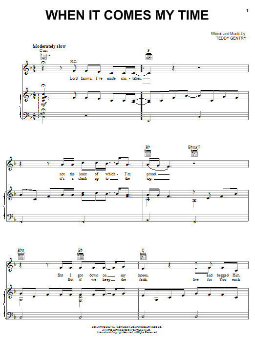 Preview Alabama When It Comes My Time Country sheet music, notes and chords for Piano, Vocal & Guitar (Right-Hand Melody), SKU: 62353 sheet music, piano notes, chords, guitar tabs, score, transpose, transcribe, how to play, guide, download, learn, tutorial, progression, song, artist, awards, billboard, mtv, vh1, tour, single, album, release