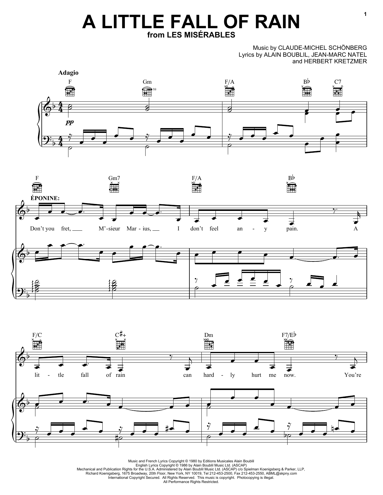 Download Boublil and Schonberg A Little Fall Of Rain (from Les Miserables) sheet music and printable PDF score & Musicals music notes