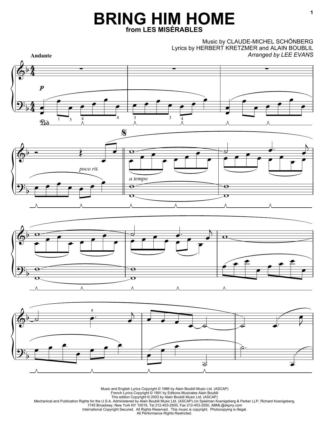 Download Alain Boublil Bring Him Home (from Les Miserables) sheet music and printable PDF score & Broadway music notes