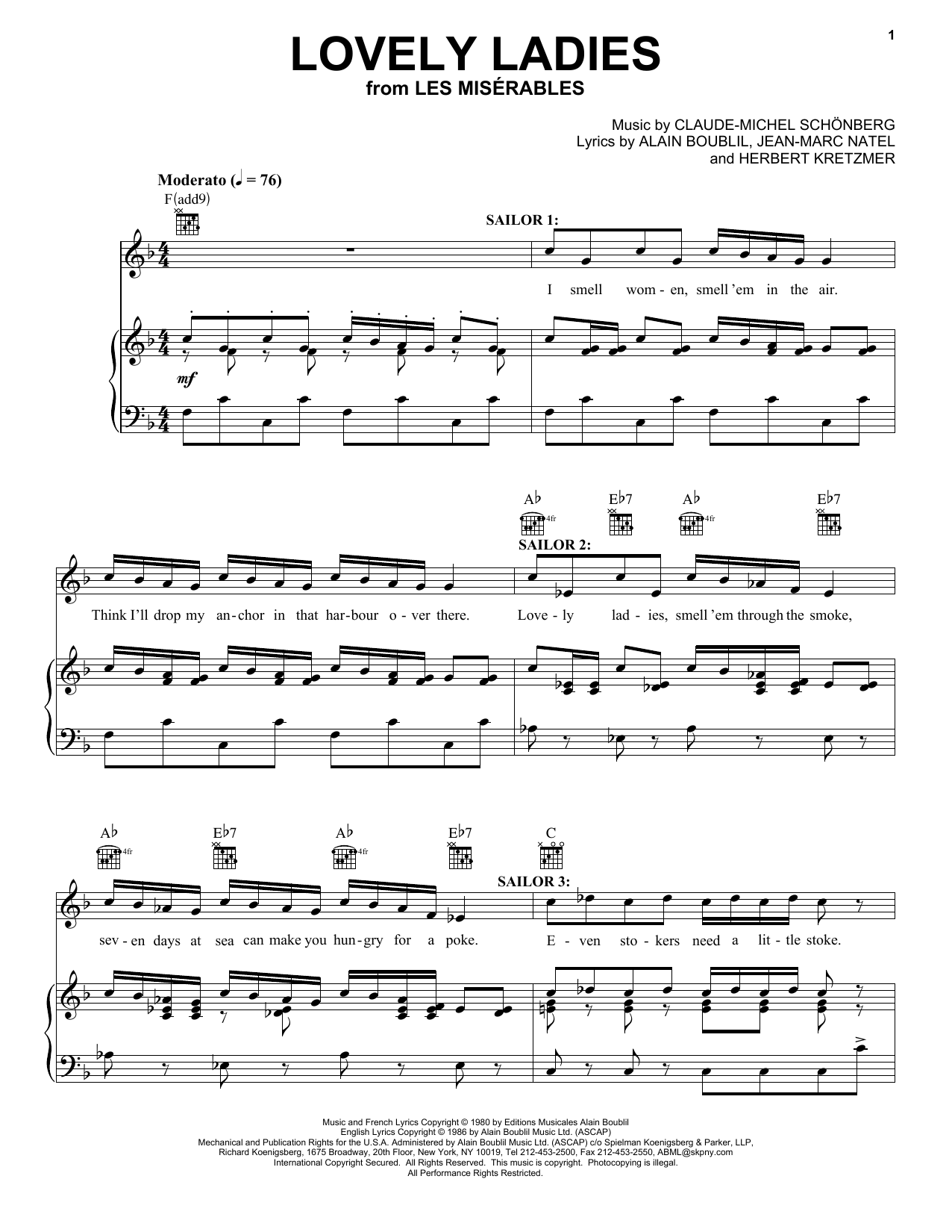 Preview Alain Boublil Lovely Ladies Broadway sheet music, notes and chords for Piano, Vocal & Guitar (Right-Hand Melody), SKU: 24894 Download Alain Boublil Lovely Ladies sheet music and printable PDF score & Broadway music notes