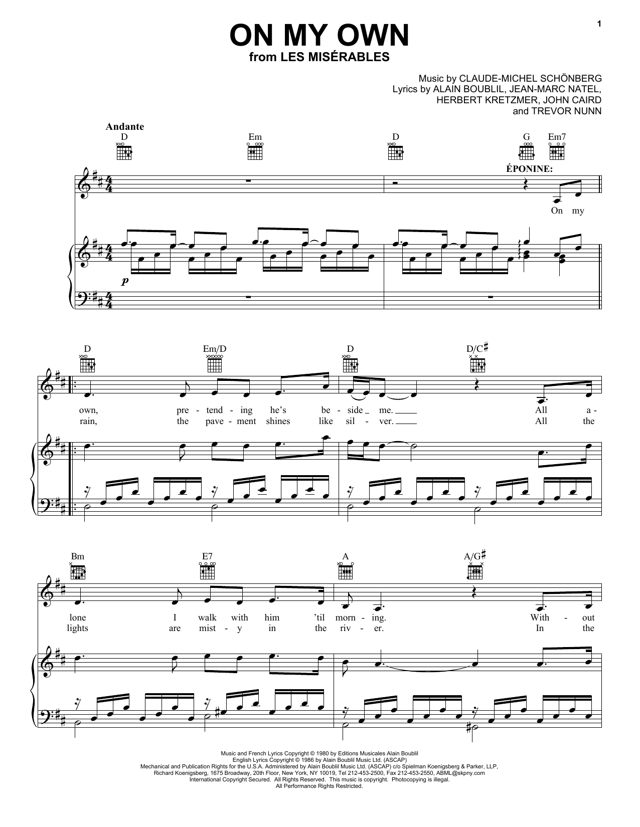 Alain Boublil "On My Own (from Les Miserables)" Sheet Music | Download Printable Musical/Show PDF Score | How Play SKU 64819