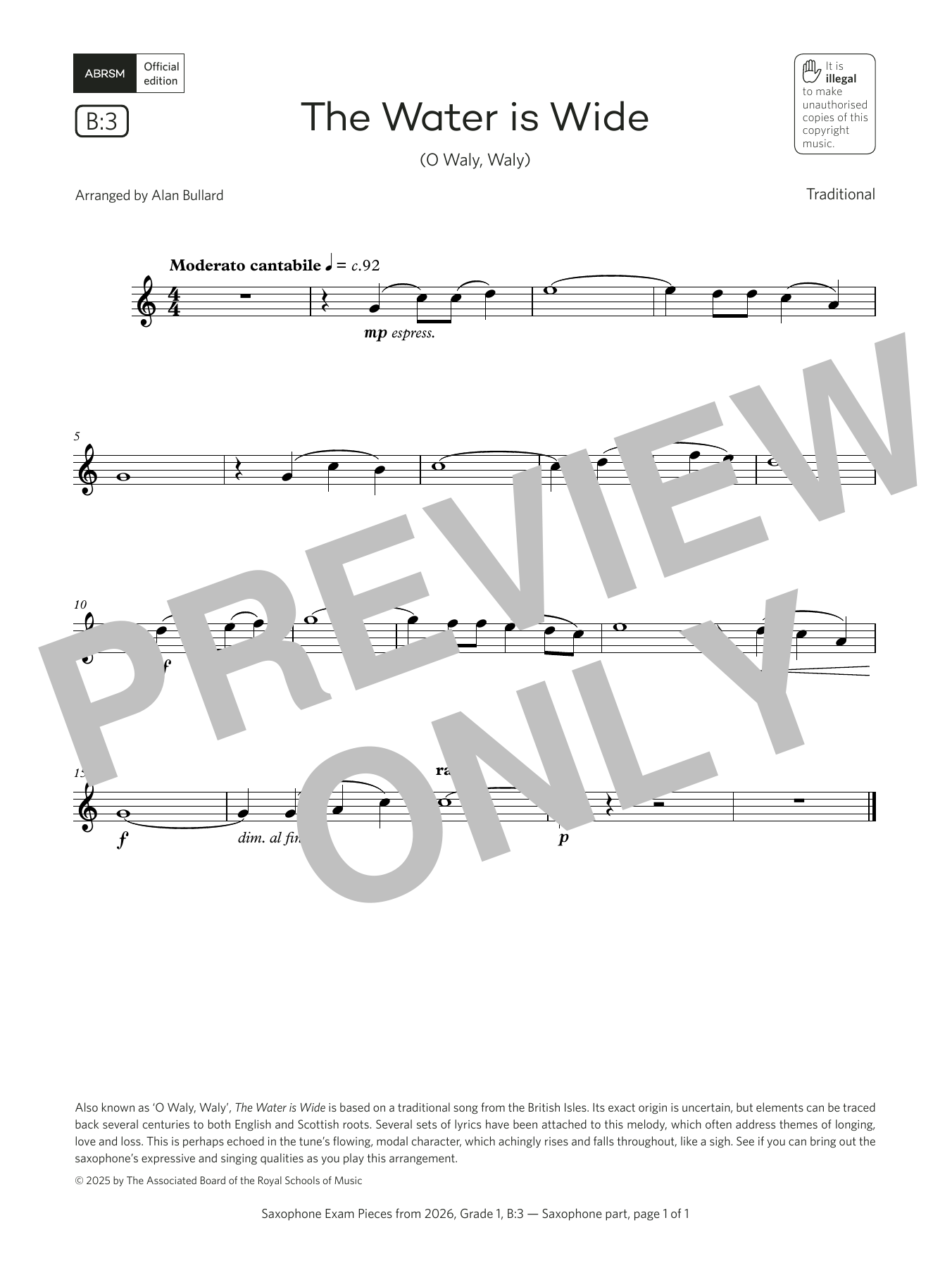 Alan Bullard The Water is Wide (Grade 1, list B3, from the ABRSM Saxophone Syllabus from 2026) Sheet Music & Chords for Alto Sax Solo - Download or Print PDF