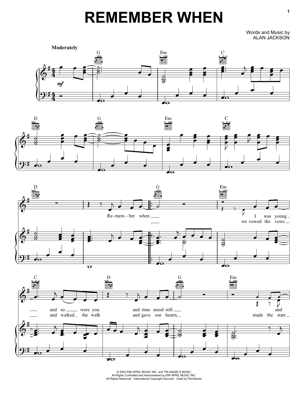 Download Alan Jackson Remember When sheet music and printable PDF score & Pop music notes