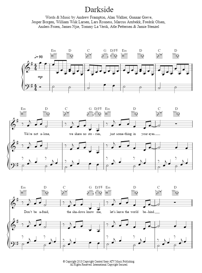 Darkside Feat Au Ra Tomine Harket Sheet Music Notes Alan Walker Chords Download Pop Notes Piano Vocal Guitar Right Hand Melody Pdf Printable 125957