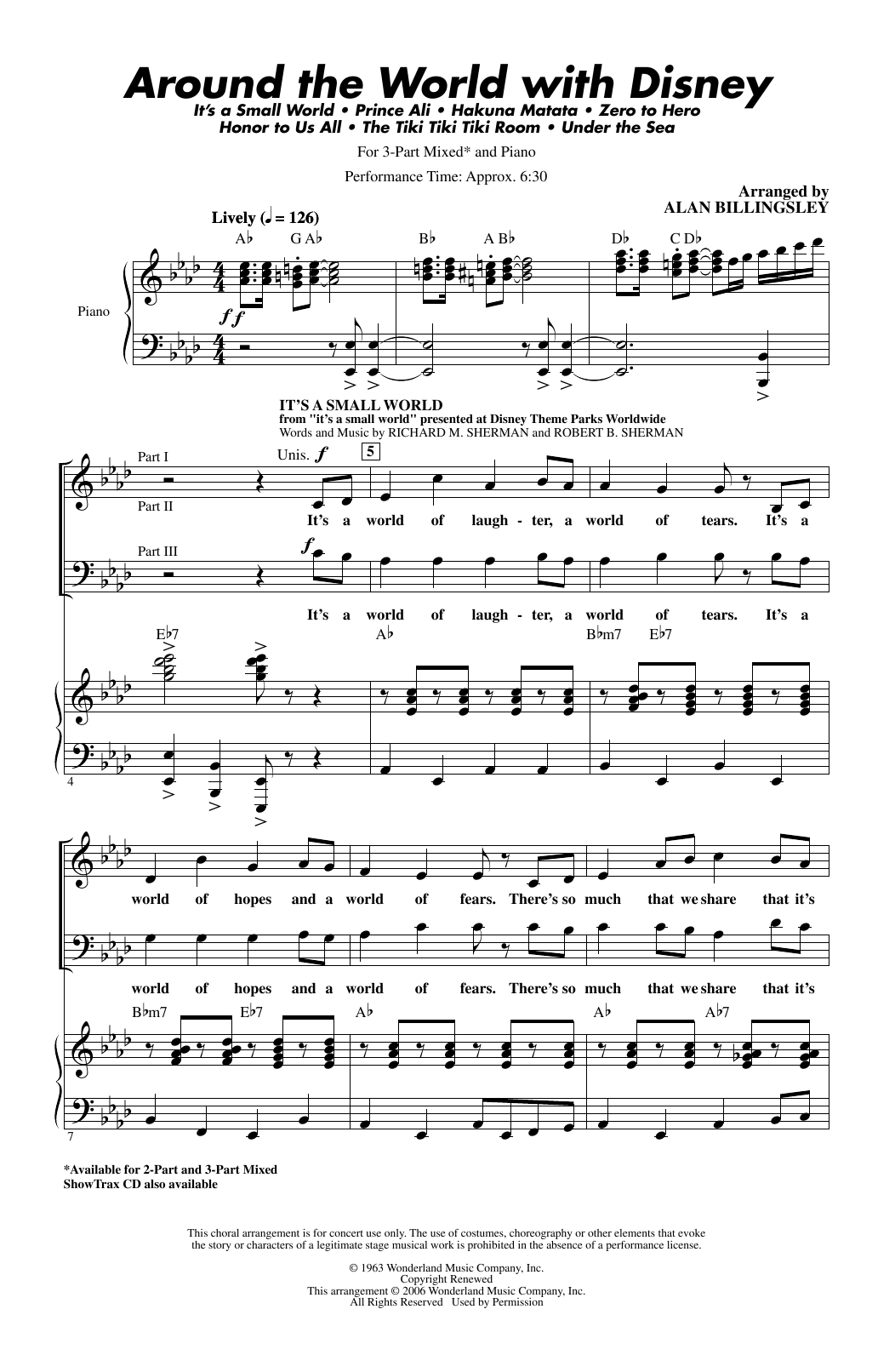 Preview Alan Billingsley Around The World With Disney (Medley) Disney sheet music, notes and chords for 3-Part Mixed Choir, SKU: 425416 sheet music, piano notes, chords, guitar tabs, score, transpose, transcribe, how to play, guide, download, learn, tutorial, progression, song, artist, awards, billboard, mtv, vh1, tour, single, album, release