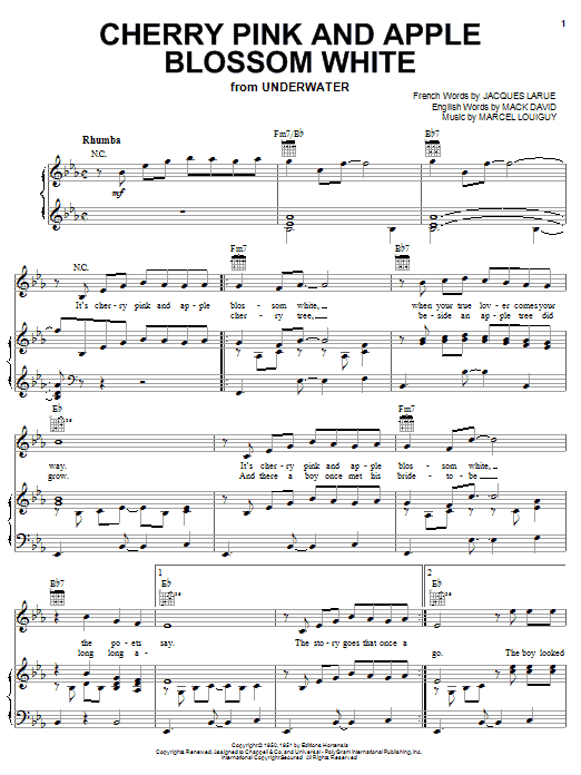 Preview Alan Dale Cherry Pink And Apple Blossom White World sheet music, notes and chords for Piano, Vocal & Guitar (Right-Hand Melody), SKU: 18151 sheet music, piano notes, chords, guitar tabs, score, transpose, transcribe, how to play, guide, download, learn, tutorial, progression, song, artist, awards, billboard, mtv, vh1, tour, single, album, release