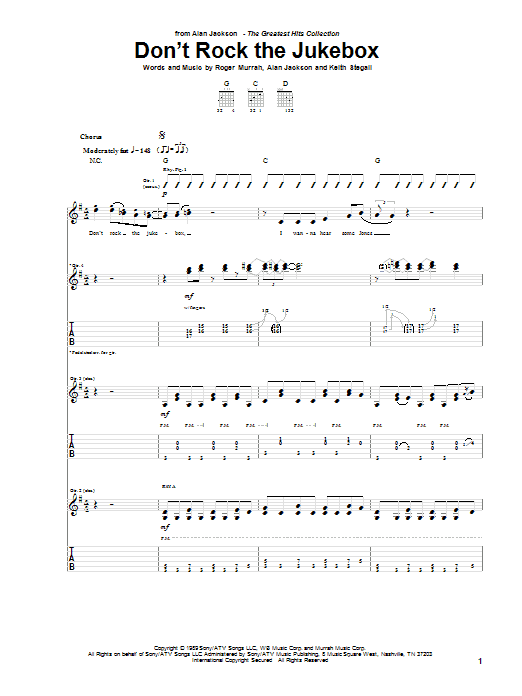 Preview Alan Jackson Don't Rock The Jukebox Pop sheet music, notes and chords for Piano, Vocal & Guitar (Right-Hand Melody), SKU: 76033 Download Alan Jackson Don't Rock The Jukebox sheet music and printable PDF score & Pop music notes