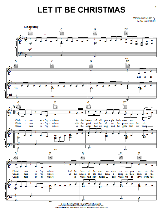 Preview Alan Jackson Let It Be Christmas Pop sheet music, notes and chords for Piano, Vocal & Guitar (Right-Hand Melody), SKU: 21460 Download Alan Jackson Let It Be Christmas sheet music and printable PDF score & Pop music notes
