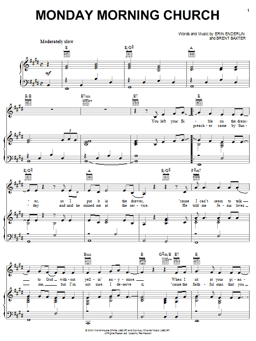 Preview Alan Jackson Monday Morning Church Pop sheet music, notes and chords for Piano, Vocal & Guitar (Right-Hand Melody), SKU: 51796 Download Alan Jackson Monday Morning Church sheet music and printable PDF score & Pop music notes