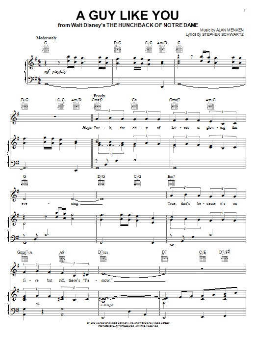 Preview Alan Menken A Guy Like You Pop sheet music, notes and chords for Piano, Vocal & Guitar (Right-Hand Melody), SKU: 18195 sheet music, piano notes, chords, guitar tabs, score, transpose, transcribe, how to play, guide, download, learn, tutorial, progression, song, artist, awards, billboard, mtv, vh1, tour, single, album, release