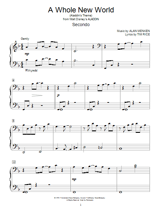 Alan Menken A Whole New World Aladdin S Theme Sheet Music Download Printable Children Pdf Piano Duet Score Sku