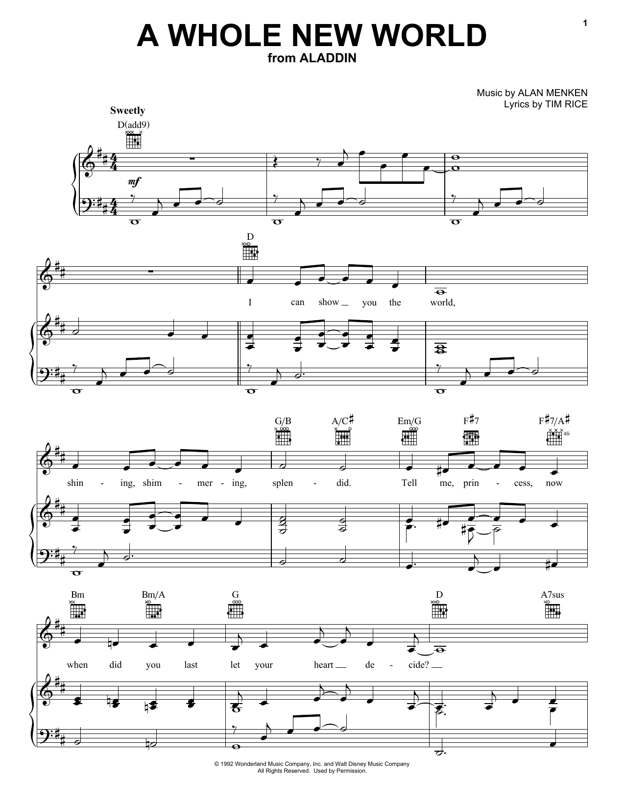 A Whole New World From Aladdin Sheet Music Notes Alan Menken