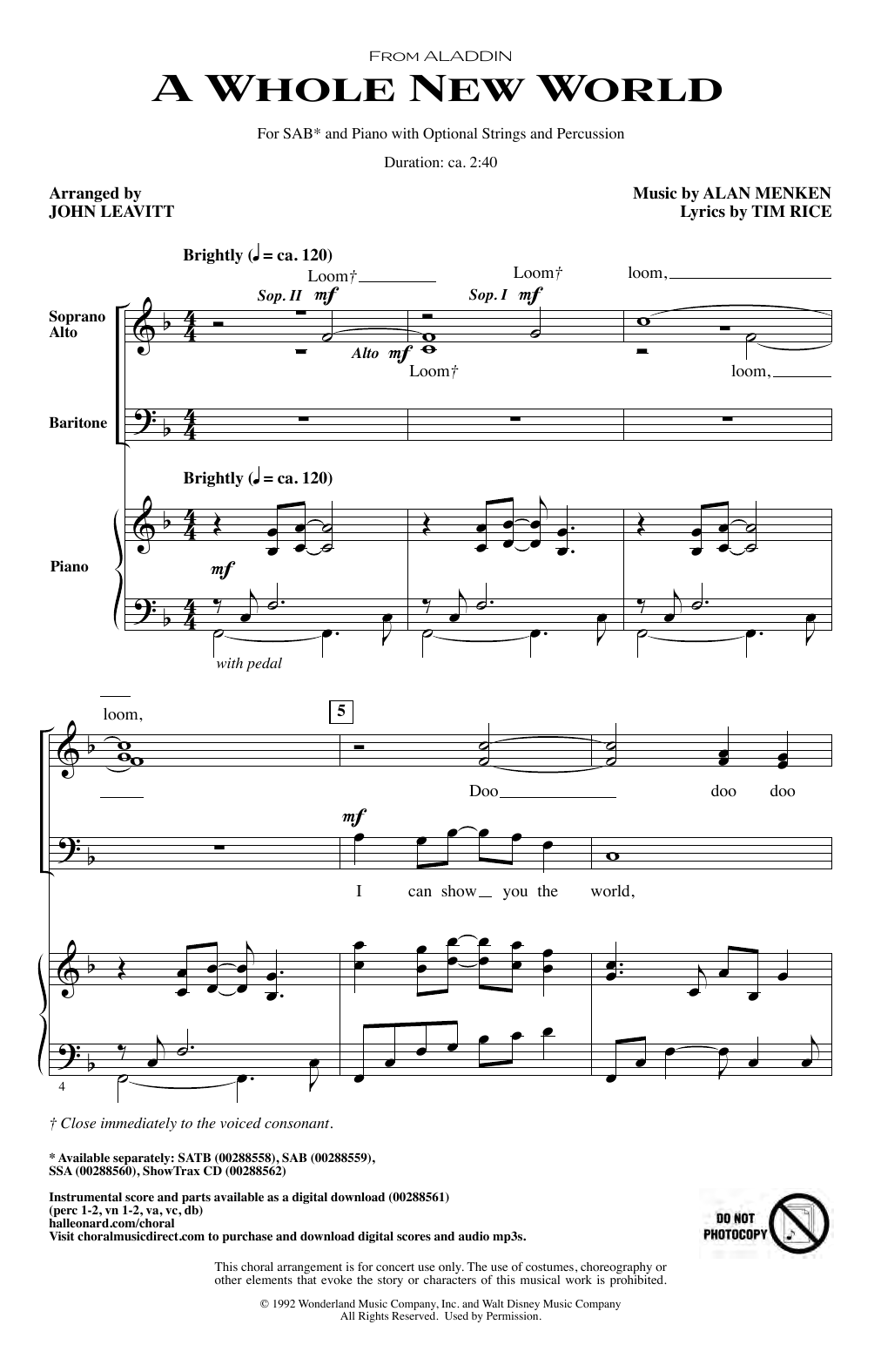 Alan Menken A Whole New World From Aladdin Arr John Leavitt Sheet Music Download Printable Disney Pdf Satb Choir Score Sku