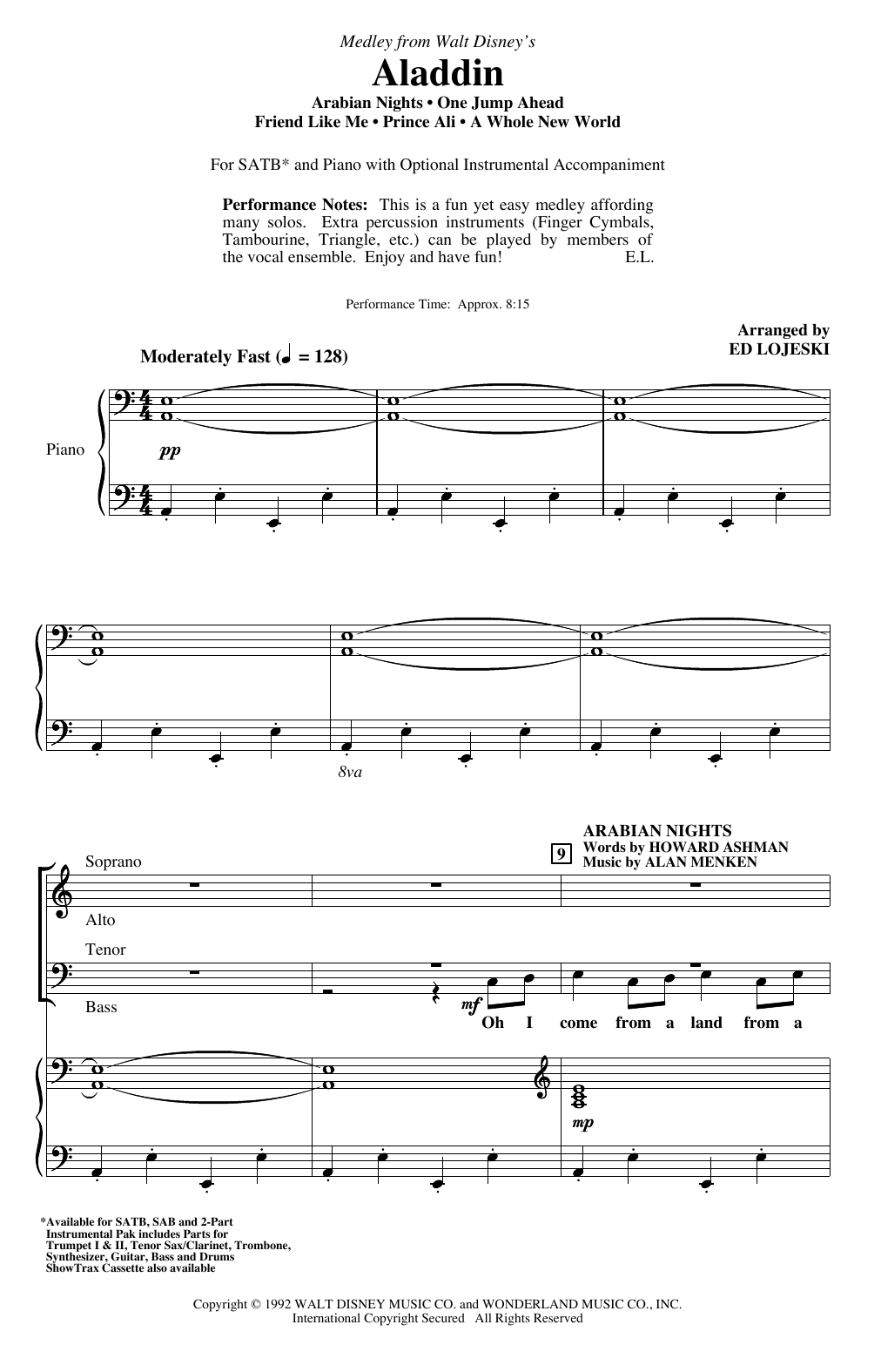 Alan Menken Aladdin Medley From Aladdin Arr Ed Lojeski